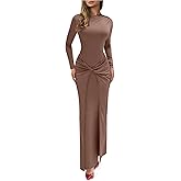 Mojessy Women Bodycon Maxi Dress Sexy Mock Neck Ruched Long Sleeve Long Dress Cocktail Party Dresses