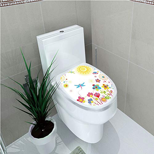 Toilet Sticker 3D Print Design,Dragonfly,Summer Themed Floral Backdrop with Sun Rays Colorful Dandelions Happiness Graphic,Multicolor,for Young Mens,W11.8"xH14.2"