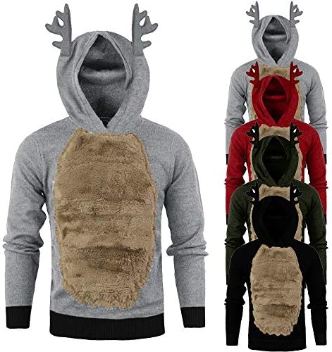 GzxtLTX Men Autumn Winter Cosplay Xmas Hoody Reindeer Feather Hooded Christmas Plus Velvet Fur 3D Blouse Top
