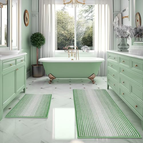 Bathroom Rugs and Mats Sets, 2 Piece Thick Absorbent Chenille Bath Mat Rug Set Non Slip, Soft Shaggy Bath Room Floor Mats for Bathroom, Machine Washable (Light Green, 20" x 47" Plus 16" x 24")