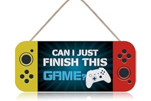 TOARTI Funny Gaming Door Sign Hanging (13.4''x5.5''), Can I Just Finish This Game Rustic Sign Plaque, Colorful Gamer Gift Accessories for Playroom/Game room/Boys Bedroom/Kids Room