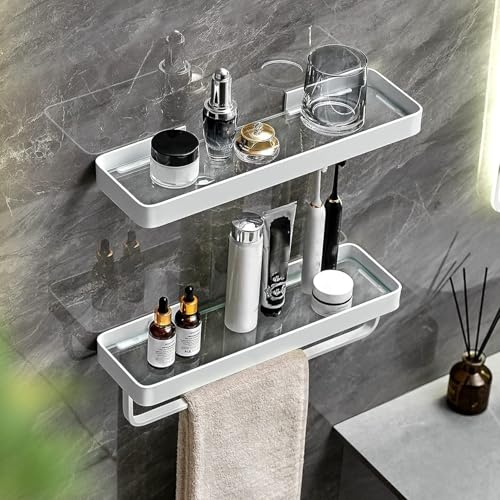 40 CM Wall Mounted Shower Shelves, 2 Tier Bathroom Caddies with Towel Bar, Tempered Glass Floating Shelf, White Bathroom Wall Organizer