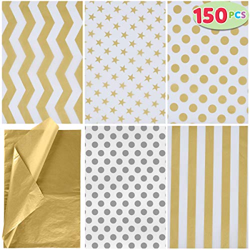 JOYIN 150 Piece Christmas Metallic Silver and Gold Tissue Paper Assortment (20" x 20" inches) Holiday Gold Gift Wrapping for Party Favors Goody Bags, Xmas Presents Wrapping Stocking Stuffers