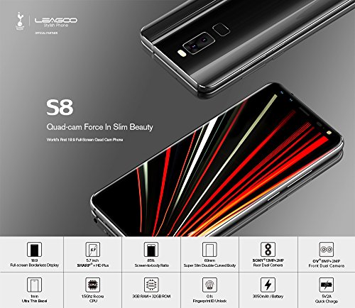 LEAGOO S8 - 5.72 pulgadas (proporción 18: 9) sin bordes Android 4G Ultra Slim smartphone, cuatro cámaras, Octa Core 1.5GHz 3GB RAM 32GB - Negro