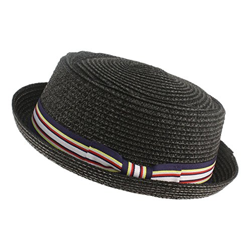 Men's Fancy Summer Straw Pork Pie Derby Fedora Upturn Brim Hat Black 56cm S/M