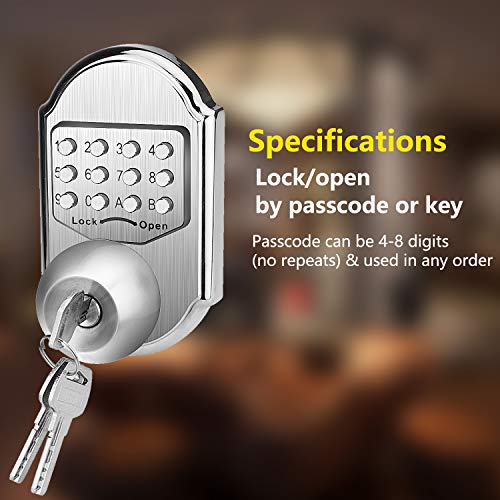 Elemake Keyless Deadbolt Mechanical Keyless Entry Door Lock Deadbolt Keypad Stainless Steel (Pass Code, Key and Higher Security) - Thumbnail 4