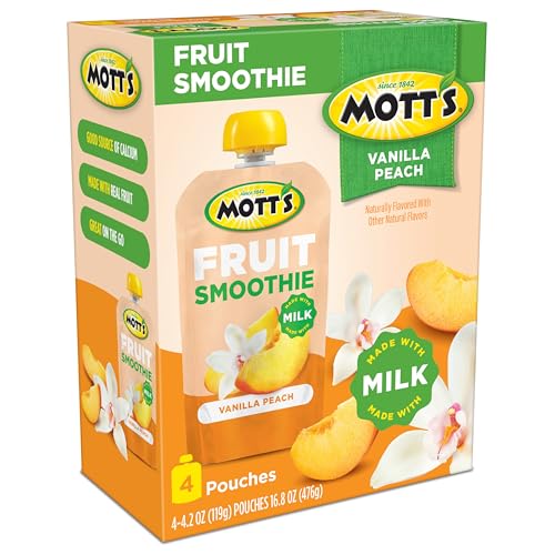 MOTT’S FRUIT SMOOTHIES VANILLA PEACH, 4.2 OZ CLEAR POUCHES, 4 PACK, MADE WITH MILK, MADE WITH REAL FRUIT, GOOD SOURCE OF CALCIUM, ON-THE-GO