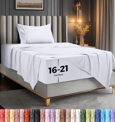 Utopia Bedding Twin Sheet Set, Soft Microfiber 3 Piece Hotel Luxury Bed Sheets for Women, Men, Kids & Teens with Side Storage Deep Pocket Fitted Sheet - Pillow Cases - Flat Sheet (White)