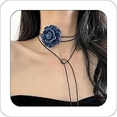 Bethynas Vintage Blue Denim Flower Choker Necklace Artificial Rose Floral Lace-up Necklace Long Wrap Leather Tie Neck Accessories for Bridal Summer Party for Women