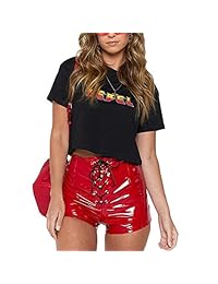 Pantalones cortos sexys de piel sintética con cordones para dama