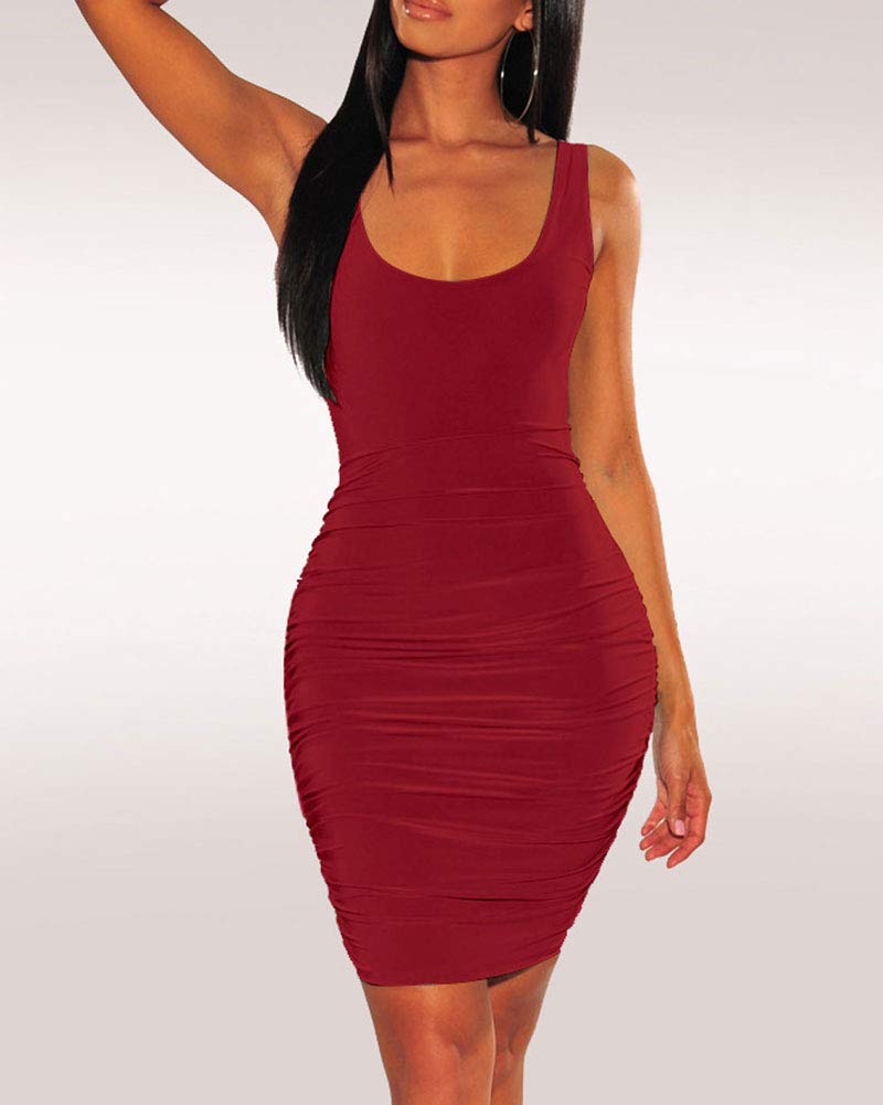 Ophestin Womens Ruched Dress Backless Sleeveless - Sexy Stretchy Bodycon Mini Club Dress Wine Red