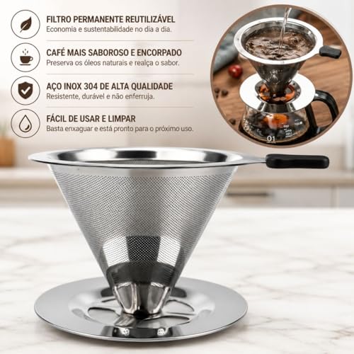 Coador de Café Inox 103 Premium Reutilizável – Filtro Permanente em Aço Inoxidável Sem Papel, Café Mais Puro e Saboroso, Econômico, Ecológico, Super Durável e Fácil de Limpar