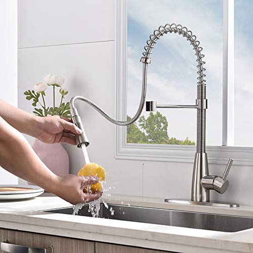 VESLA HOME Modern Commercial Stainless Steel Single Handle Pull Down Sprayer Head Brushed Nickel Kitchen Faucets, Sink Faucet Kitchen with Deck Plate - Thumbnail 3