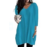 Poetsky Womens Tunic Tops for Leggings with Pockets Vneck 3/4 Length Sleeve Shirt Casual Long T-Shirts S-3XL