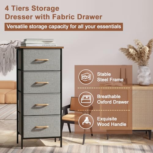 Fabric Storage Drawer, 4 Tiers Storage Bins Dresser Tower Drawer Unit | Steel Frame Storage Cabinet Wooden Top Closet Organizer for Clothes Snacks Toys Book Bedroom Entryway Office 38x29x94cm