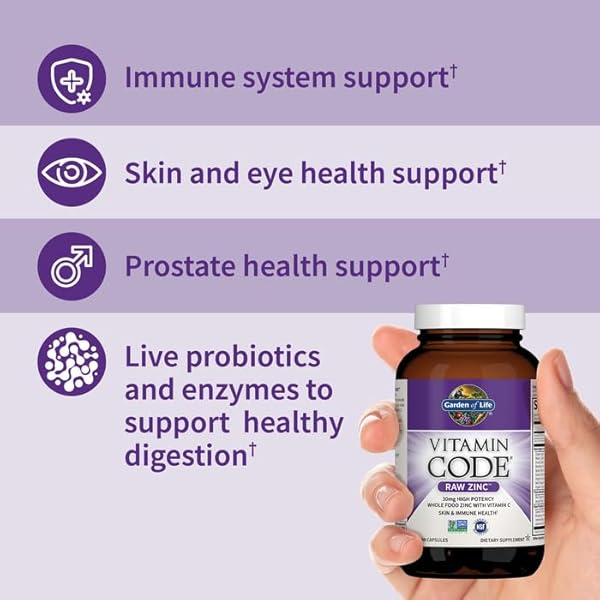 GARDEN OF LIFE ZINC SUPPLEMENTS 30MG HIGH POTENCY RAW ZINC AND VITAMIN C MULTIMINERAL SUPPLEMENT, VITAMIN CODE VITAMINS TRACE MINERALS & PROBIOTICS FOR SKIN HEALTH & IMMUNE SUPPORT, 60 VEGAN CAPSULES