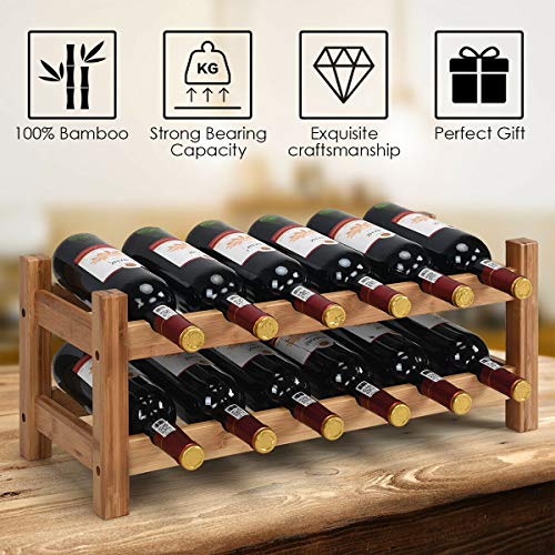 COSTWAY Wine Rack, Bamboo 12 Bottles 2Tier Wine Display Rack for