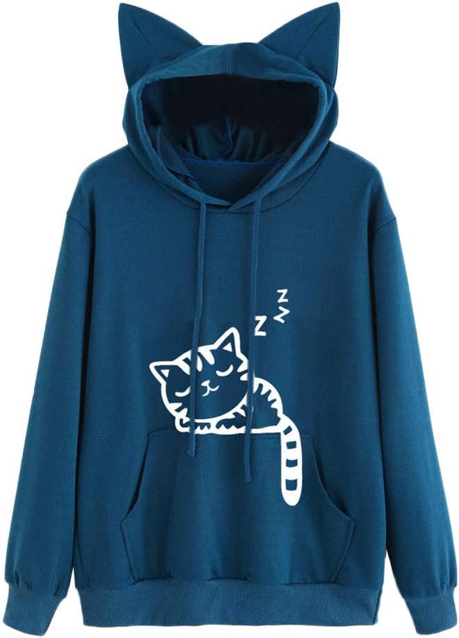 Xmiral Women Hoodie Cat Long Sleeve Sweatshirt for Women Cotton Halloween Hooded Pullover Tops Blouse