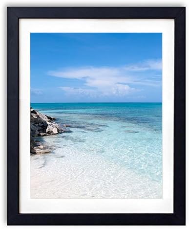 Black Wood Framed Wall Art - Beach Shore Rock Slabs Blocks Stones Blue water Sky Horizon - Art Print Pictures For Wall Decoration 12x16 Inches