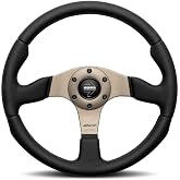 MOMO Race 2.0 Leather Steering Wheel, Black with Anthracite Spokes, Universal Fit, 350mm Diameter, 29x30mm Grip, 3-Spoke Design