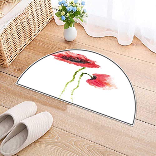 Simple Modern Semi-Circular Non-Slip Carpet red Poppy Flowers Acrylic Color Paint Bedroom Bathroom Rug W37 x H26 INCH