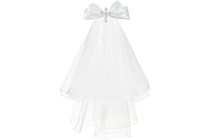 NEZLOP First Communion Veil Crystal Cross Bow Veil First Communion Dress Up Chapel Baptism Veil