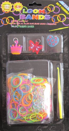 D.I.Y. LOOM BANDS Colorful 'NEON' SET w 300 RAINBOW Color 'NEON' RUBBER BANDS (NO Latex), 3 CHARMS (Butterfly, Crown & Heart), CLIPS & TOOL