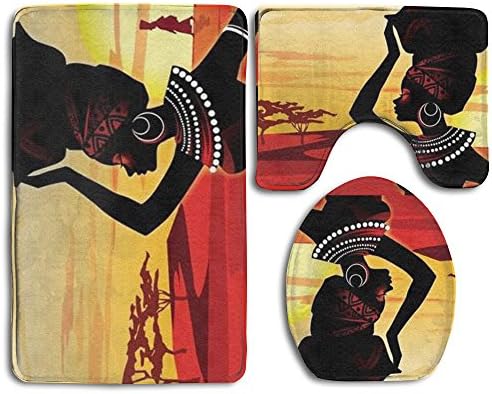African Women Bath Mat 3 Piece Bathroom Rug Set Flannel Non Slip Toilet Seat Cover Set Large Contour Mat Lid Cover