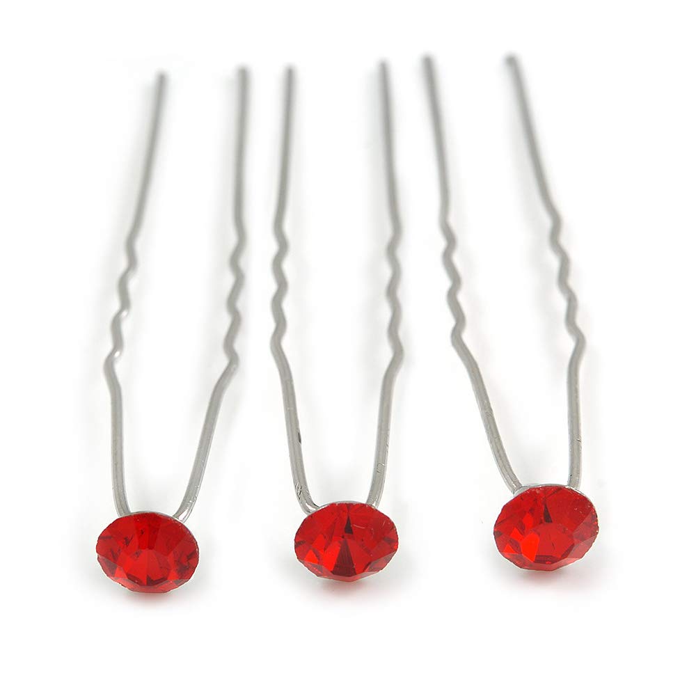 3pcs Bridal/Wedding/Prom/Party Red Crystal Hair Pins In Silver Tone - 70mm L