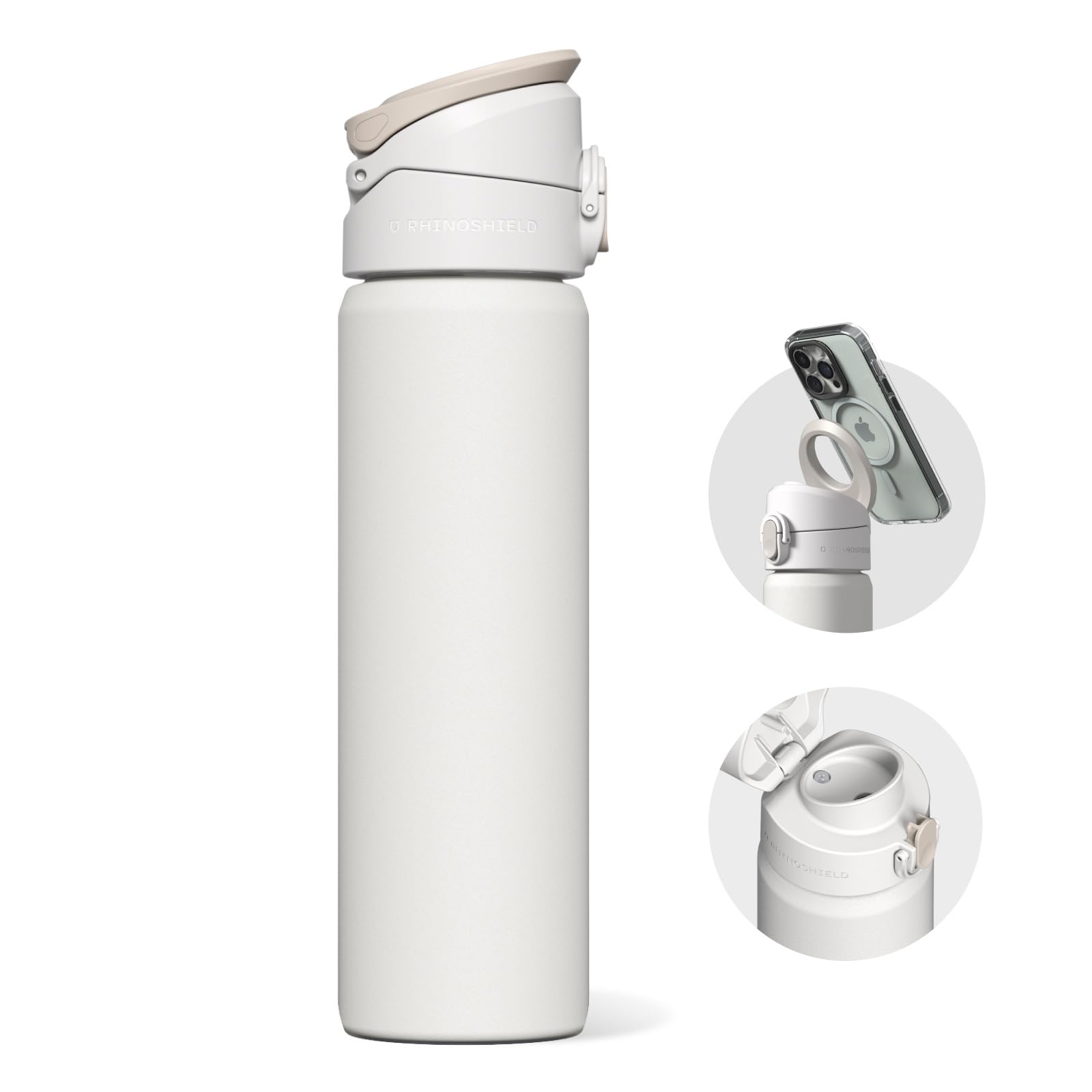 RHINOSHIELD AquaStand Magnetic Bottle 700ml | Round Mouth Stainless Steel Insulated Water Bottle, Sport Bottle with MagSafe Compatible Handle, Tripod with Adjustable Angles, Leak Proof - White