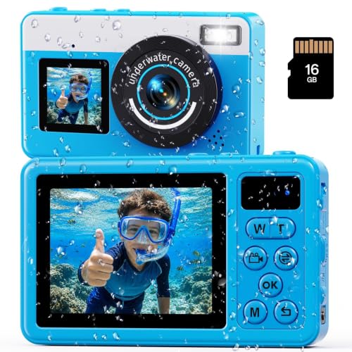 Maxmango D70 Waterproof Digital Camera 4K 48MP Underwater Camera 10FT for Swimming Pool Beach, Dual Screen 18X Autofocus Zoom, Floating Camera Gift for Teens and Beginners, 16GB, Blue
