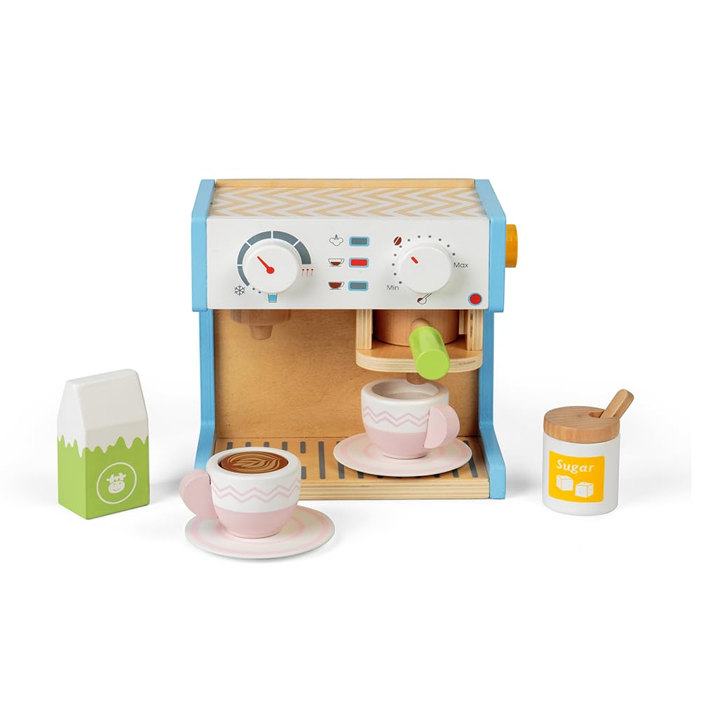 Bigjigs Toys Wooden Coffee Maker - 11 Piece Kitchen Role Play Toy, Sustainable Kids Gifts For Girls & Boys, Made From Eco Friendly Wood, Age 3 Years Old +