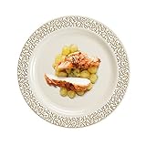 Lace Collection, 40 Pack Premium China Like 9 Inch Ivory/Gold Like Real Plastic Plates, Wedding and Party Dinnerware