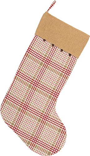 Piper Classics Red and Tan Plaid & Burlap Christmas Stocking w/Jingle Bells, 12" x 20", Country Farmhouse Holiday Decor - Thumbnail 2