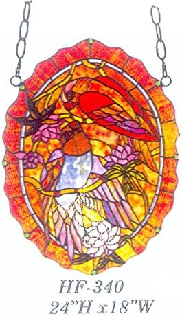 HF-340 Pastoral Vintage Birds And Grapes Tiffany Style Handmade Stained Glass Window Hanging Glass Panel Suncatcher, 24"x18"