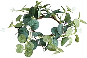 HOMSFOU Artificial Eucalyptus Leaves Candle Rings, Pillar Candle Holder Candle Wreath for Wedding Desktop Decor 1pcs…