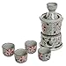 MyGift 7-Piece Ceramic Sake Warmer Hot Saki Set with Red Flower Design Includes Tokkuri Bottle Carafe, Ochoko Cups and Small Warmer Stove, Japanese Style Sake Wine Server Set