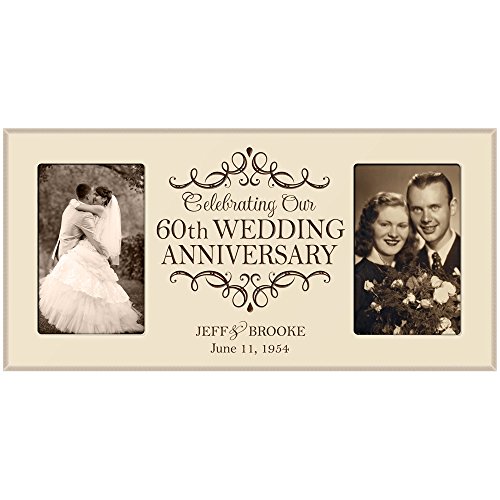 60th Anniversary Picture frame Gift Personalized 60th wedding with Couples names and anniversary dates holds 2 4x6 photos (Ivory)