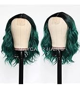 Maycaur Green Wigs Short Body Wave Lace Front Wigs Black Green Ombre Color Bob Synthetic Lace Fro...