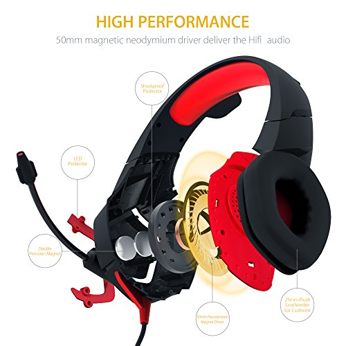 PC Gaming Headset, MillSO K1 Stereo Bass Surround Over-Ear Headphone with Adjustable Microphone, 3.5mm Audio Jack Y Cable Adapter, LED Light and Volume Control for PS4 Xbox one PC Nintendo Switch--Red - Thumbnail 3