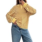 NUFIWI Womens Striped Rugby Polo Shirts Stripes Lapel V Neck Oversized Sweatshirts Y2K Loose Fit Collared Pullover Tunic Tops