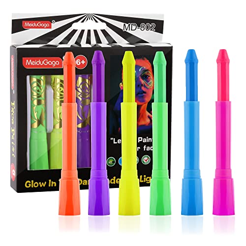 Wismee UV Face Paint Crayon with 6 Fluorescent Colors Face Painting Kit Washable Twistable Crayons Kit Body Paint Sticks for Halloween Makeup