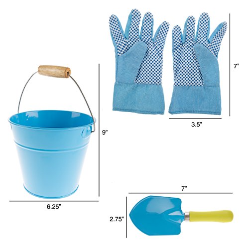 Hey!Play! 80-PP-Gsp Kid's Tool Set with Child Safe Shovel, Rake, Fork Gloves, and Bucket-Mini Gardening Kit for Boys and Girls, Blue