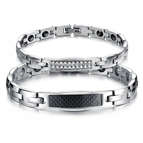 Cupimatch 2pcs Couple Womens Mens Bracelets, Stainless Steel Love Bangle Bracelet with Rhinestone for Valentines Day Gift
