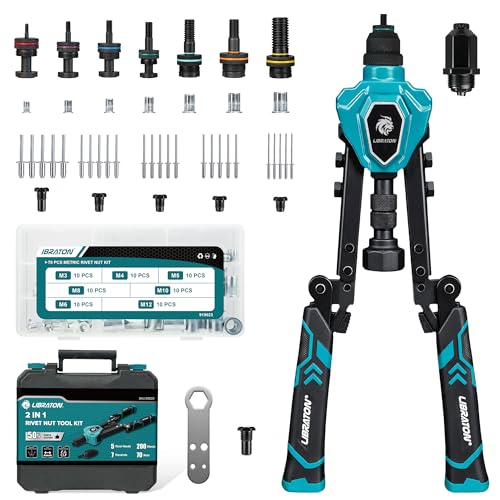 LIBRATON 2 in 1 Folding Threaded Insert Rivet Pliers, 7 Mandrels (M3-M12) & 5 Bits (2.4-6.4mm), Includes 70 Crimp Nuts and 200 Pop Rivets, Powerful Manual Tool for Auto and DIY