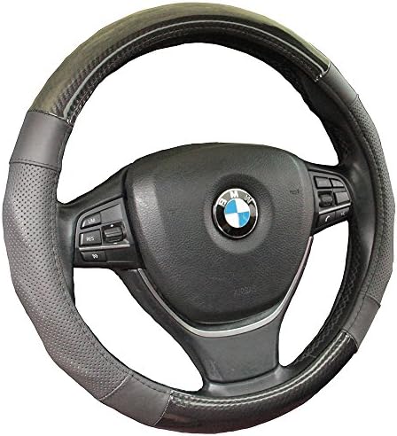 16sixteen Car Steering Wheel Cover Carbon Fiber Soft Genuine Leather Universal Fit 15 Inch Anti-Slip Odor-Free Excellent Grip Breathable