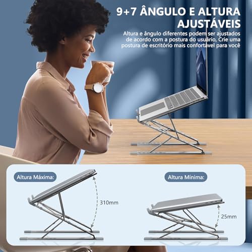Suporte para Notebook Aluminio, Suporte para Laptop de 10" a 17,3", Apoio para Notebook com 16 Ângulos e Altura Ajustável, Dobrável e Portátil, Acessórios para Macbook, Netbooks e Tablet (Cinza)