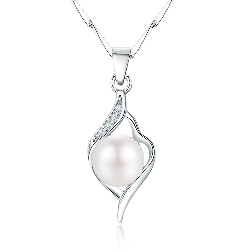 Shuxin Silver Necklace for Women, 925 Sterling Silver Pearl Pendant & 45cm Chain, with White AAAAA Cubic Zirconia, Allergy Free Jewellery for Mother Wife Girlfriend, Come in Jewellery Gift Box