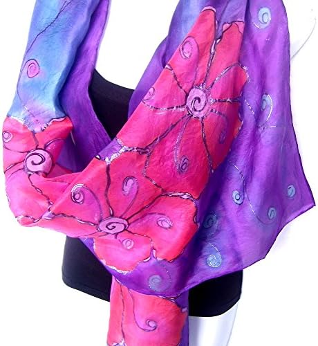 Hand Painted Silk Scarf Floral Purple Blue Mauve Pink Ready To Ship