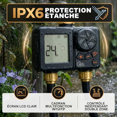 GIEX Programmateur d’arrosage rechargeable 2 zones, minuteur d’eau programmable à 2 sorties avec entrée en laiton, batterie intégrée, retard pluie et arrosage manuel
